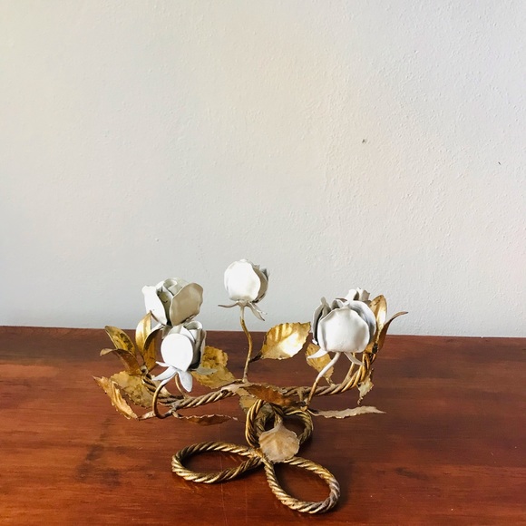 Vintage Hollywood regency Italian gilt tile metal rose candelabra - Picture 4 of 9